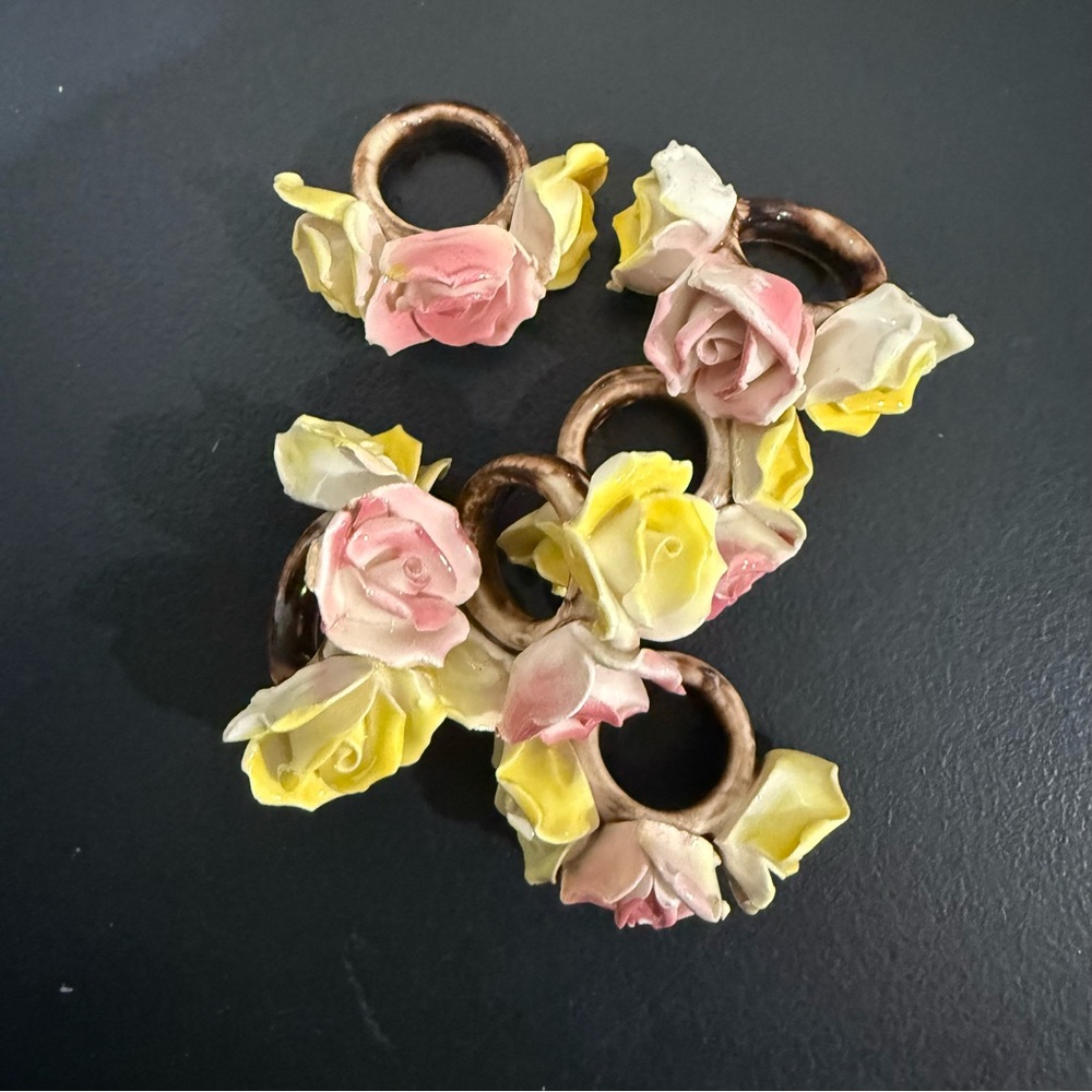 6 Floral China Napkin Rings with Pink and Yellow Roses